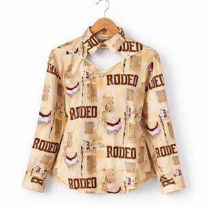 Vintage 90's Western Rodeo Tan Brown Snap Front Long Sleeve Retro Cowgirl Blouse